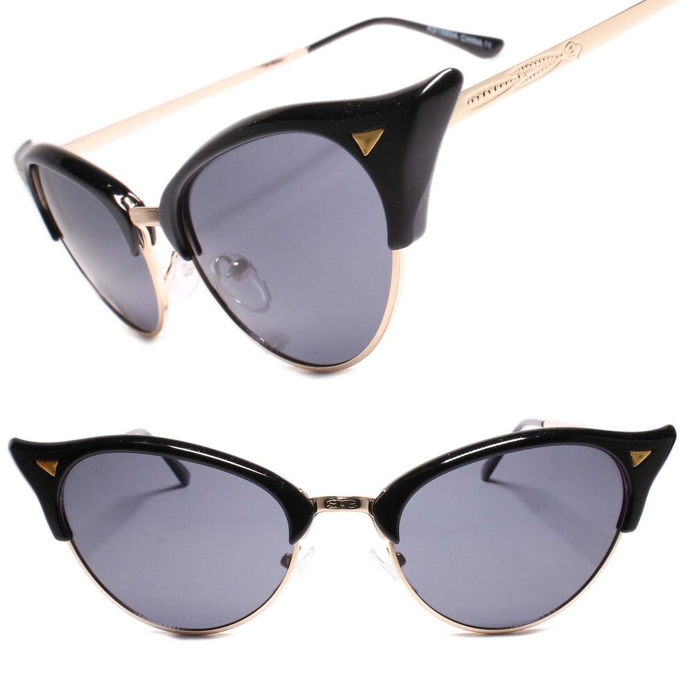Classy Upscale Elegant Retro Cat Eye Style Womens Sunglasses Black & Gold Frame